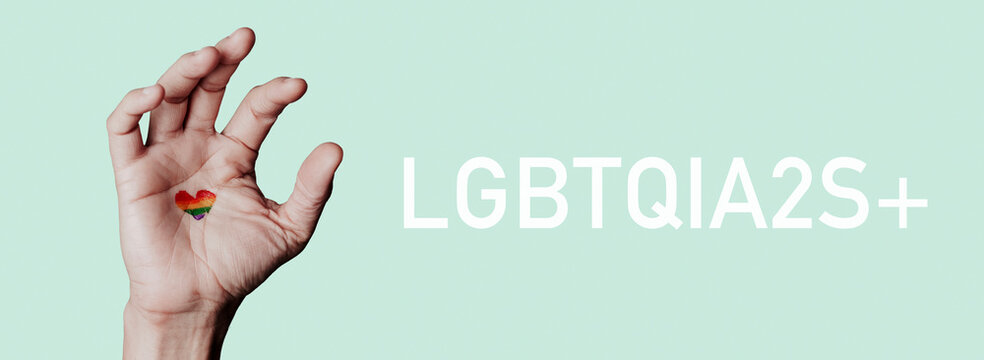 heart-shaped rainbow flag and text LGBTQIA2S+