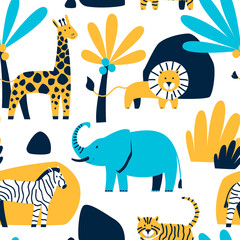 Seamless pattern of savanna animals on a white background. Zoo animals tiger, lion, elephant, zebra, giraffe. Pattern for children's fabric. Flat vector illustration.
