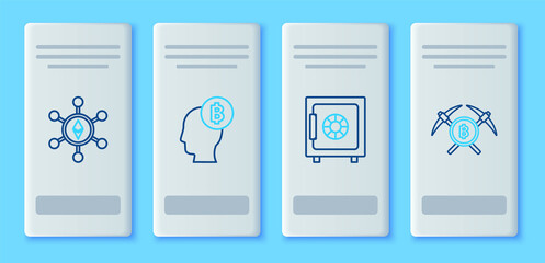 Set line Bitcoin think, Safe, Blockchain technology Ethereum ETH and Crossed pickaxe icon. Vector