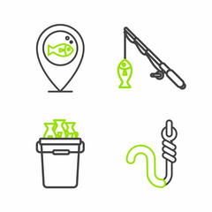 Set line Fishing hook and worm, bucket with fishes, rod and Location fishing icon. Vector