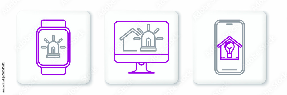 Poster set line mobile phone with smart house and light bulb, smart watch alarm and computer monitor icon. 