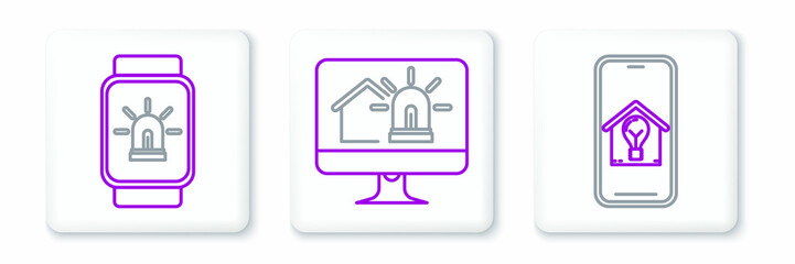 Obraz premium Set line Mobile phone with smart house and light bulb, Smart watch alarm and Computer monitor icon. Vector