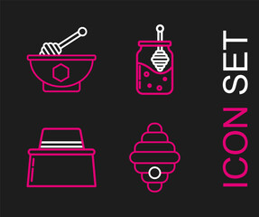 Set line Hive for bees, Beekeeper with protect hat, Jar of honey and honey dipper stick and Honey bowl icon. Vector