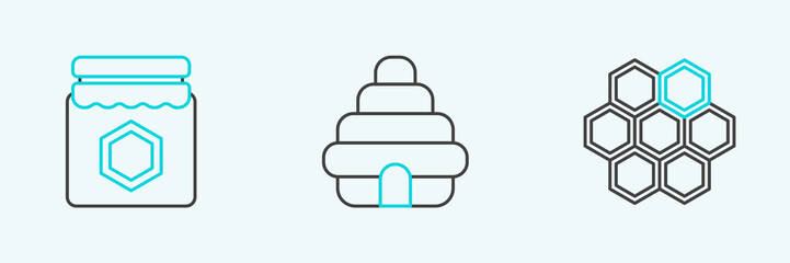 Set line Honeycomb, Jar of honey and Hive for bees icon. Vector