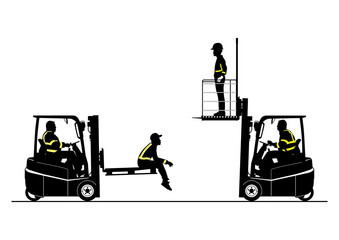 Forklift lifting people rules. Silhouette of a forklift with operators. Side view. Vector.