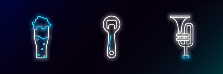 Set line Musical instrument trumpet, Glass of beer and Bottle opener icon. Glowing neon. Vector