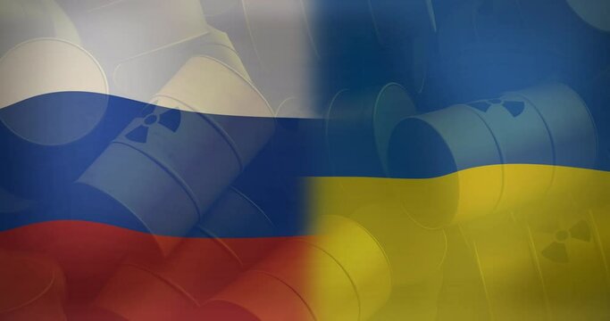 Animation of flags of russia and ukraine over nuclear barrels