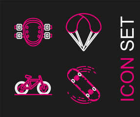 Set line Skateboard trick, Bicycle, Parachute and Knee pads icon. Vector