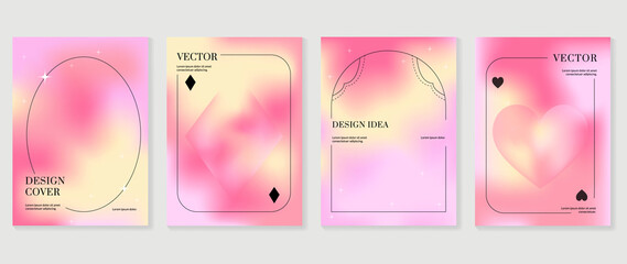 Abstract pink gradient fluid cover template. Set of galaxy poster with planet, star, sparkling, moon, vibrant color, hologram. Minimalist design for flyer brochure, background, wallpaper, banner.