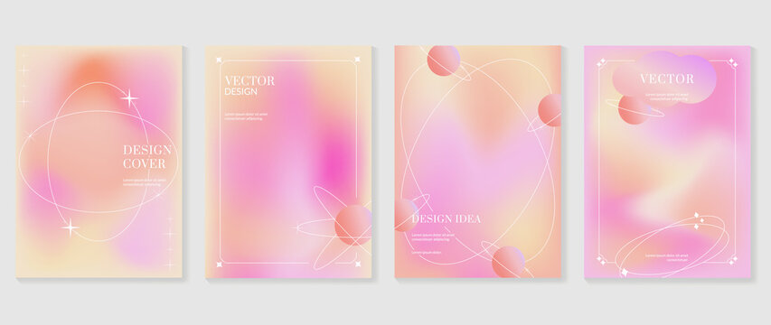 Abstract pink gradient fluid cover template. Set of galaxy poster with planet, star, sparkling, moon, vibrant color, hologram. Minimalist design for flyer brochure, background, wallpaper, banner.