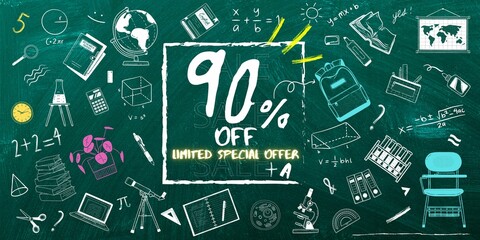90% off limited special offer. Banner with ninety  percent discount on a gren background with white square