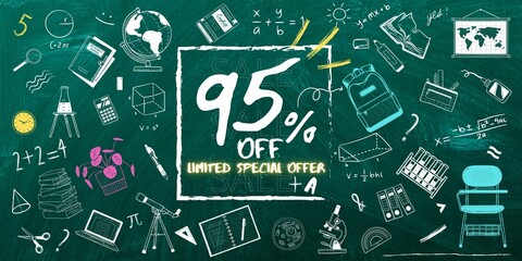 95% off limited special offer. Banner with ninety five percent discount on a gren background with white square