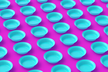 Rows of turquoise bowls on pink background. 3d render