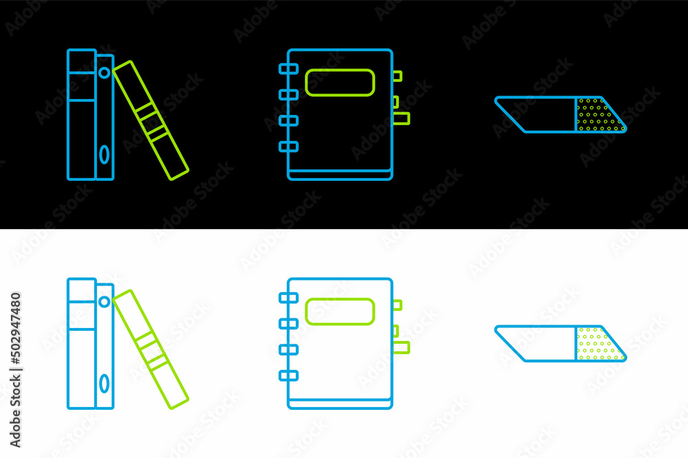 Poster set line eraser or rubber, office folders with papers and documents and notebook icon. vector