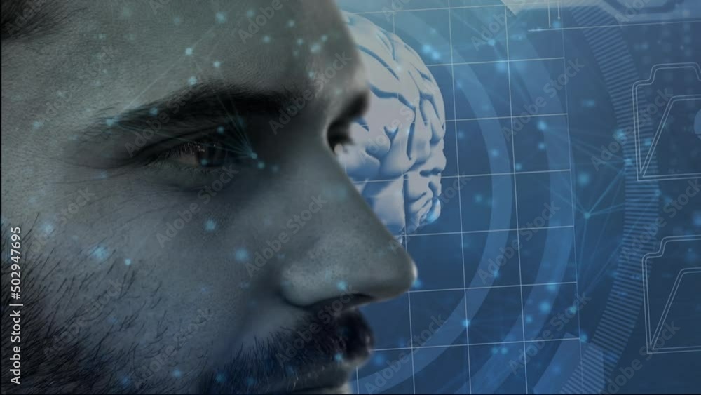 Poster network of connection over close up of caucasian man against interface with medical data processing