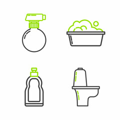 Set line Toilet bowl, Plastic bottles for liquid dishwashing liquid, basin with soap suds and icon. Vector