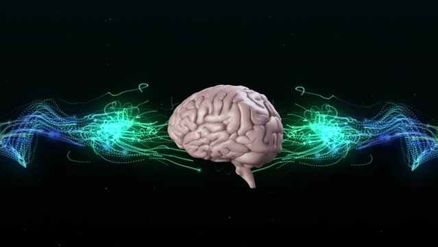 Human brain spinning against green and blue digital waves on black background