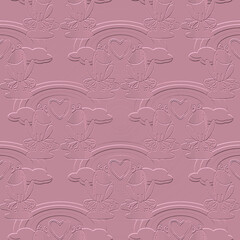 Pink textured cartoon 3d seamless pattern. Embossed fairytale love background. Repeat relief vector backdrop. Emboss surface 3d ornaments with frogs, love hearts, clouds, rainbow. Embossing texture