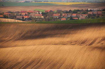 agricultural field with village in the background