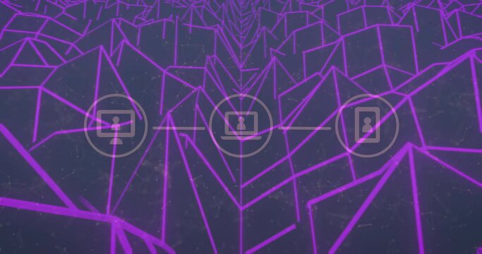 Animation of network od connections with icons over shapes on black background