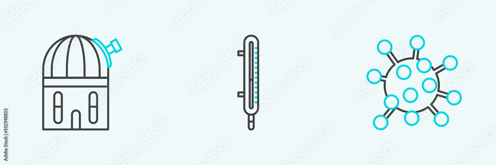 Poster set line bacteria, astronomical observatory and meteorology thermometer measuring icon. vector
