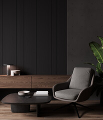 Modern dark living room interior design, 3d rendering