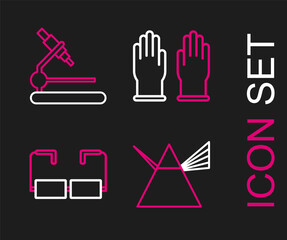 Set line Light rays in prism, Glasses, Rubber gloves and Microscope icon. Vector