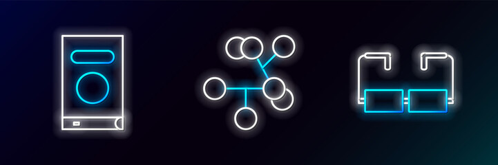 Set line Glasses, Book and Molecule icon. Glowing neon. Vector