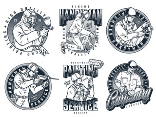 Monochrome badges set with people at work