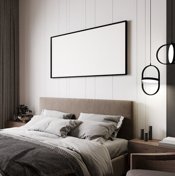 Frame horizontal frame mockup in loft bedroom interior, close up, 3d render
