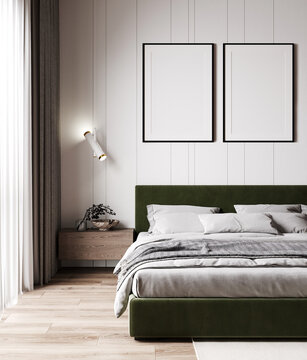 blank poster frames in modern bedroom interior for mock up, 3d illustration