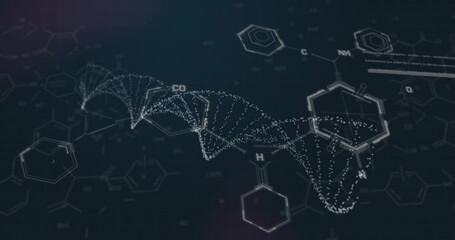 Animation of dna strand and data processing over chemical formula on black background - Powered by Adobe