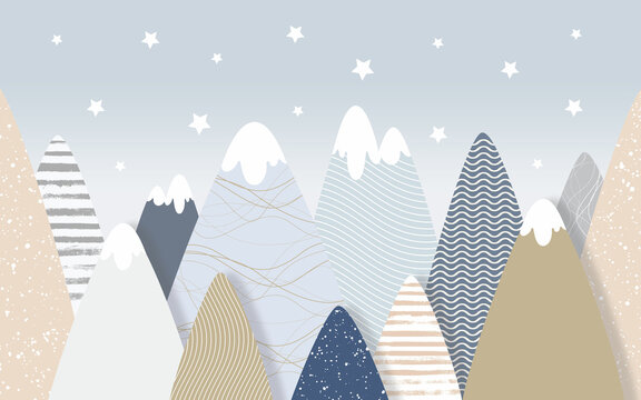children's picture of mountains and starry sky for digital printing wallpaper, custom design wallpaper