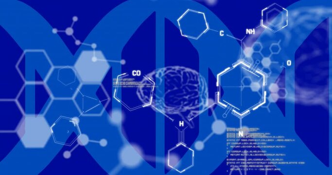 Animation of data processing over chemical formula on blue background