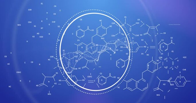 Animation of data processing and chemical formula on blue background