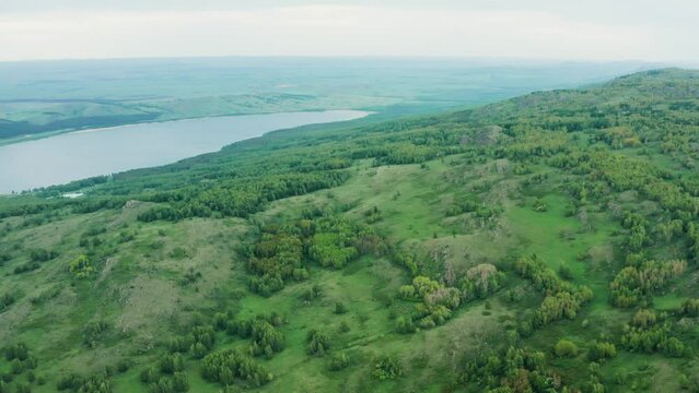 Ural Mountains, Irendyk ridge and Talkas lake. Aerial view.