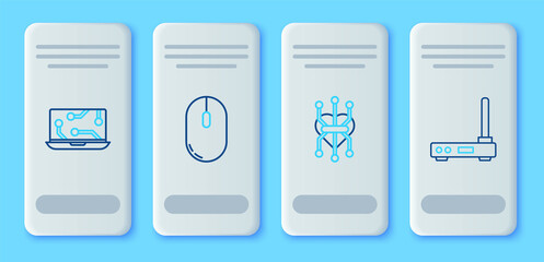 Set line Computer mouse, Processor, Laptop and Router and wi-fi signal icon. Vector