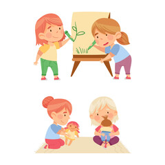 Cute kids playing and learning in kindergarten set. Children drawing and playing dolls cartoon vector illustration