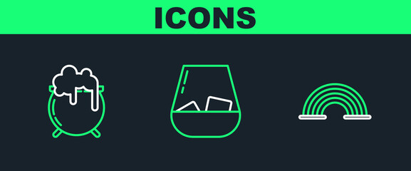 Set line Rainbow, Witch cauldron and Glass of whiskey icon. Vector