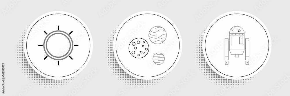 Poster set line robot, sun and planet icon. vector