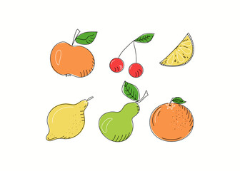 Set of fruits and berries in doodle style. Food, vector drawing, sketch. Outline illustration on colored spots. Isolated background.	