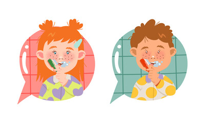 Little boy and girl brushing their teeth. Morning daily routine cartoon vector illustration