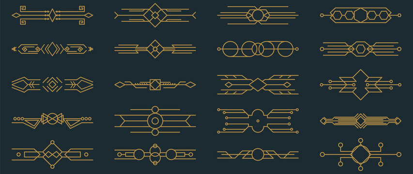 Collection of geometric art deco ornament. Luxury golden decorative elements with lines, ornate corner, borders, frames, headers, dividers. Set of elegant design suitable for card, invitation, poster.