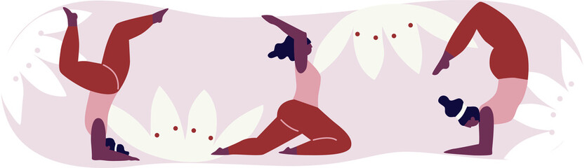 Woman exercising yoga vector illustration. Yogis in poses meditation vector logo illustration. Inspirational Yoga art. Yoga logo, boho print, poster. Cartoon flat style. Isolated hand drawn objects