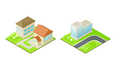 Modern residential and public buildings set. Suburban house exterior vector illustration