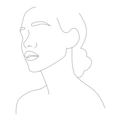 Face drawing line, fashion concept, minimalism of female beauty, vector illustration for T-shirts, graphic printing style. The face is one line. Boho girl. A woman's face. Portrait of minimalism.