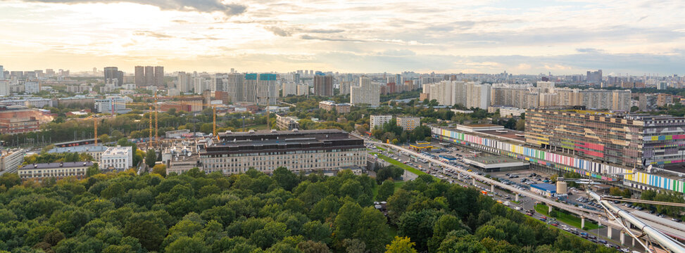 Moscow aerial panorama with city district view. Panorama of the Russian city during sunset. Russian architecture