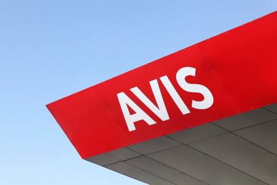 Colombier-Saugnieu, France- July 16, 2018: Avis logo on a wall. Avis is an American car rental company headquartered in New Jersey, United States