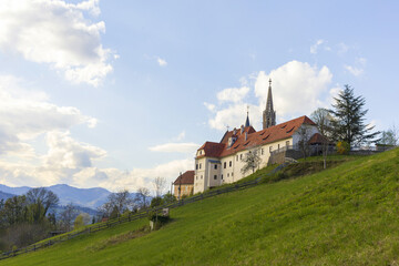 View to white castle on a green hill in daylight in Austrian Alps - Powered by Adobe