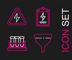 Set line Funnel or filter, Test tube and flask chemical, Laboratory clipboard with checklist and High voltage sign icon. Vector